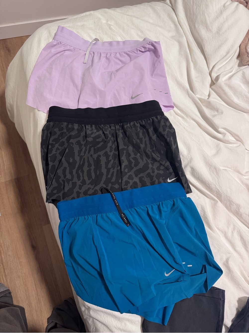 Nike Kids Athletic Shorts Trio — Lilac, Black Animal Print, Bright Blue